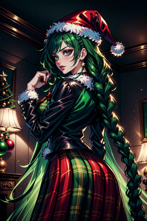 Senhora Noel,  dentição cutânea,  gossamer,  Woman in a verde victorian costume,  jaqueta de couro,  tema retrô,  tranças,  Inventar,  delineador,  Gorro do Papai Noel,  plaid verde full skirt,  tema de natal,  linhas com tinta,  melhor ilustração,  arte oficial,  verde, gótico, pose de ação, mulheres,  teamverdestyle,  Ângulo Dinâmico,  semi-realista,  2.5d,  iluminação lateral,  Estilo de filme LUT,  iluminação traseira,  Magia,  iluminação rembrandt,  Estilo dos Senhores Supremos do Papai Noel,  estilo feriadoxl , ponto de vista, kemonomimi, Perspectiva de 4 pontos, dentro de casa 