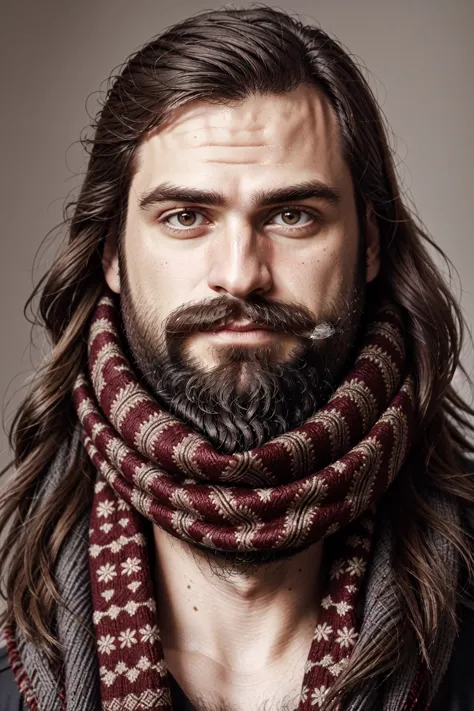 <lora:SantaOverlordsStyle:0.8> Santa Overlords Style, solo, long hair, looking at viewer, simple background, brown hair, 1boy, upper body, male focus, grey background, scarf, facial hair, portrait, christmas, beard, mustache, realistic