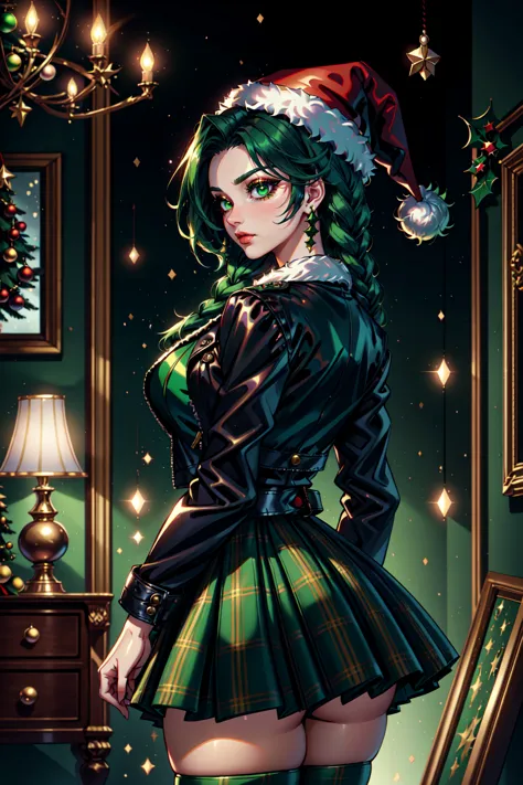 Mme Noël,  peaudentation,  gaze,  Woman in a vert victorian costume,  veste de cuir,  thème rétro,  Tresses,  se maquiller,  eye-liner,  chapeau de père Noël,  plaid vert full skirt,  Thème de Noël,  lignes encrées,  Meilleure illustration,  art officiel,  vert, gothique, pose d&#39;action, femme,  teamvertstyle,  Angle dynamique,  semi réaliste,  2.5D,  Éclairage latéral,  Style de film LUT,  rétroéclairage,  la magie,  Éclairage Rembrandt,  Style des seigneurs du Père Noël,  style vacancesxl , position avantageuse, kemonomimi, perspective en 4 points, à l&#39;intérieur 