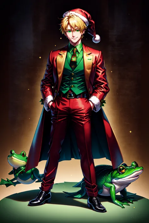 <lora:SantaOverlordsStyle:0.8> Santa Overlords Style, looking at viewer, smile, blonde hair, 1boy, hat, green eyes, standing, male focus, necktie, belt, pants, black footwear, christmas, santa hat, santa costume, hands in pockets, frog, brown pants