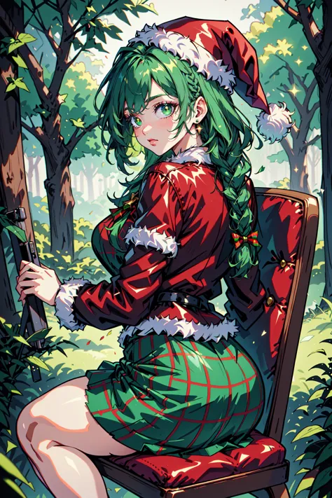 a woman in a santa hat sitting on a chair in the woods