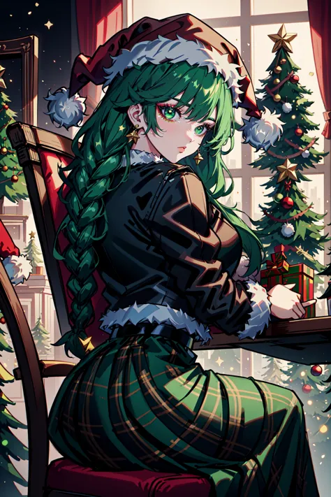 Senhora Noel,  dentição cutânea,  gossamer,  Woman in a verde victorian costume,  jaqueta de couro,  tema retrô,  tranças,  Inventar,  delineador,  Gorro do Papai Noel,  plaid verde full skirt,  tema de natal,  linhas com tinta,  melhor ilustração,  arte oficial,  verde,  árvores,  cadeira,  sentado,  teamverdestyle,  Ângulo Dinâmico,  semi-realista,  2.5d,  iluminação lateral,  Estilo de filme LUT,  iluminação traseira,  Magia,  iluminação rembrandt,  Estilo dos Senhores Supremos do Papai Noel,  estilo feriadoxl , 