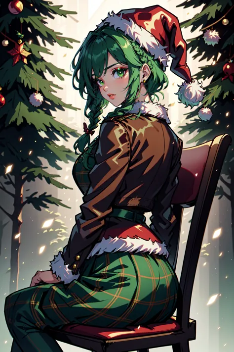 Senhora Noel,  Woman in a verde victorian costume,  jaqueta de couro,  tema retrô,  tranças,  Inventar,  delineador,  Gorro do Papai Noel,  plaid verde full skirt,  tema de natal,  verde,  árvores,  iluminação lateral,  Estilo de filme LUT,  iluminação traseira,  Magia,  iluminação rembrandt,  dentição cutânea,  gossamer,  linhas com tinta,  melhor ilustração,  arte oficial,  teamverdestyle,  Ângulo Dinâmico,  semi-realista,  2.5d,  cadeira,  sentado,  pose de fotografia de moda,  Estilo dos Senhores Supremos do Papai Noel,  estilo feriadoxl , 