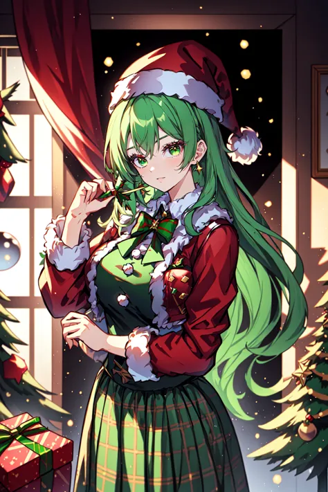 a woman in a green dress and santa hat standing in front of a christmas tree