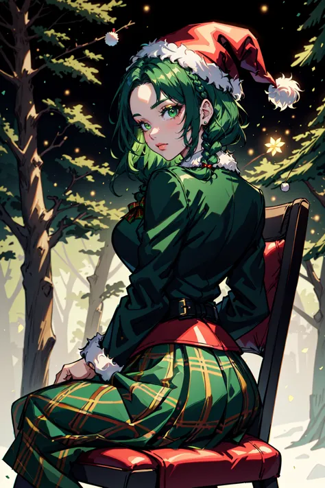 サンタさん,  Woman in a 緑 victorian costume,  レザージャケット,  レトロテーマ,  三つ編み,  補う,  アイライナー,  サンタの帽子,  plaid 緑 full skirt,  クリスマステーマ,  緑,  木,  サイド照明,  LUT 映画スタイル,  バックライト,  魔法,  レンブラント照明,  スキンデンテーション,  薄い,  インクの線,  最高のイラスト,  公式アート,  team緑style,  ダイナミックアングル,  半現実的,  2.5D,  椅子,  座っている,  ファッション写真のポーズ,  サンタオーバーロードスタイル,  ホリデーXLスタイル , 