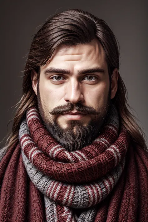 a close up of a man with a beard wearing a scarf