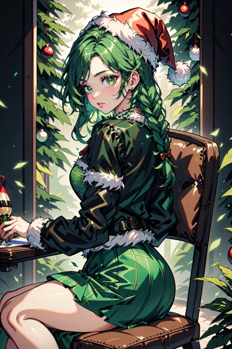 a woman in a green dress sitting on a chair next to a christmas tree