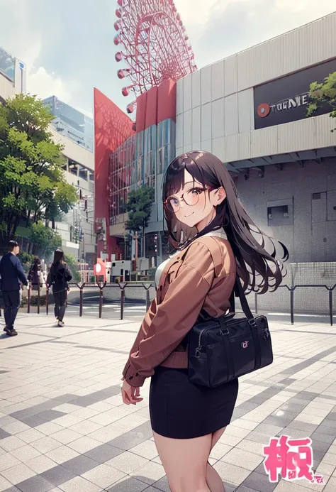 anime character in a short skirt and brown jacket standing in a city square