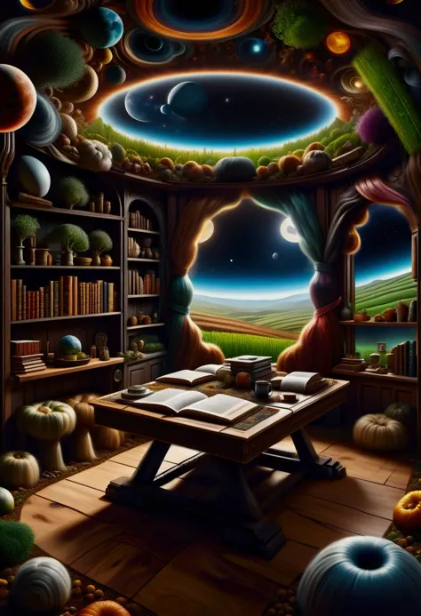 a painting of a room with a table and a book shelf