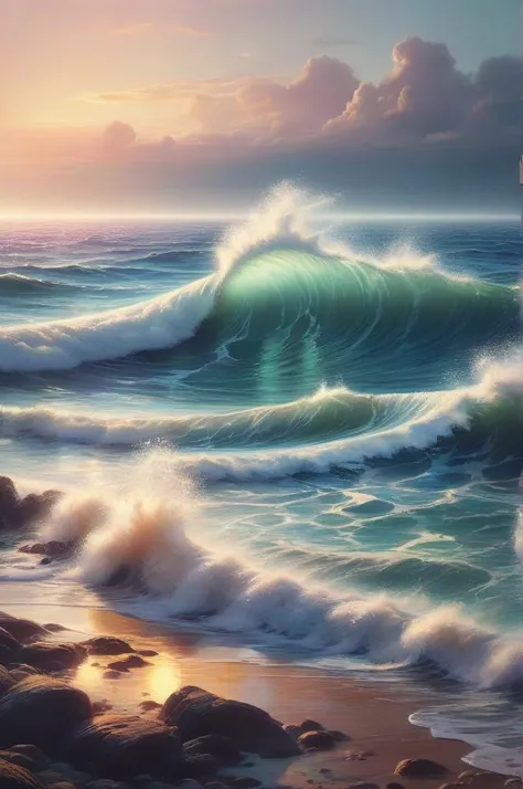 painting of a wave breaking on a beach with rocks and water