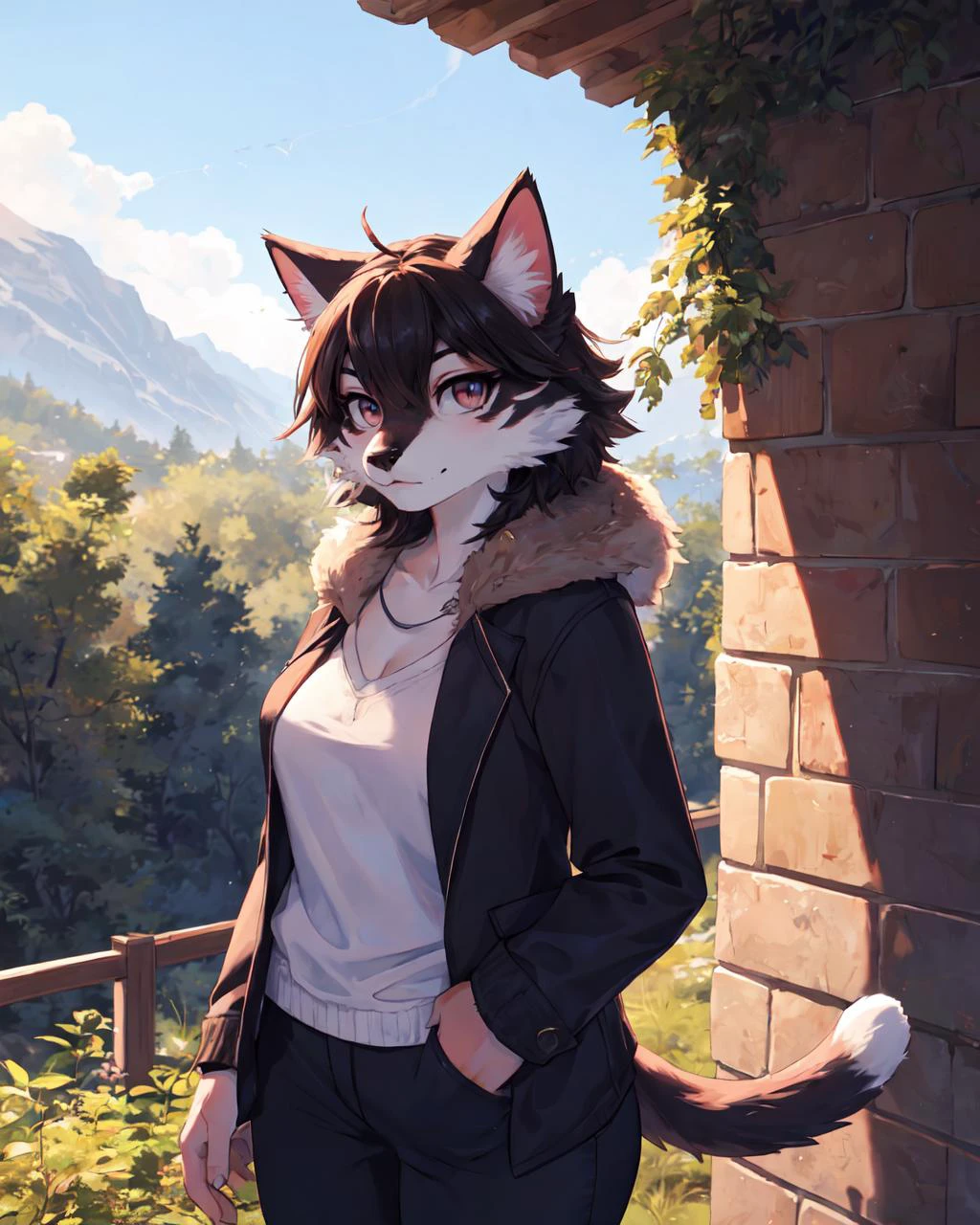 1girl, solo, masterpiece, body fur, fluffy, furry, clothes, outfit, outdoors, scenery, medium shot, cat anthro, breasts