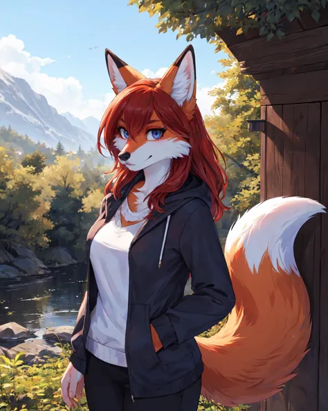 1girl, solo, masterpiece, body fur, fluffy, furry, clothes, outfit, outdoors, scenery, medium shot, fox anthro, breasts