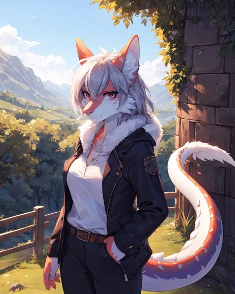1girl, solo, masterpiece, body fur, fluffy, furry, clothes, outfit, outdoors, scenery, medium shot, dragon anthro, breasts