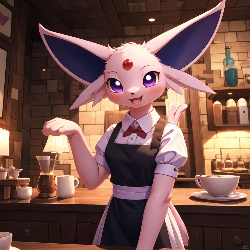 pokémon rosa,olhos roxos,(bebê_espeon vestindo empregada doméstica:1.1),cauda,gato,sem humanos,Sozinho,(pele do corpo:1.3),(fofinho:1.3),
sfw,(Obra de arte:1,2),melhor qualidade,Obra de arte,alta resolução,original,extremely decaudaed wallpaper,iluminação perfeita,(extremely decaudaed CG:1.2),interior,cafeteria,feliz,corar,Estenda a mão para entreter os convidados,