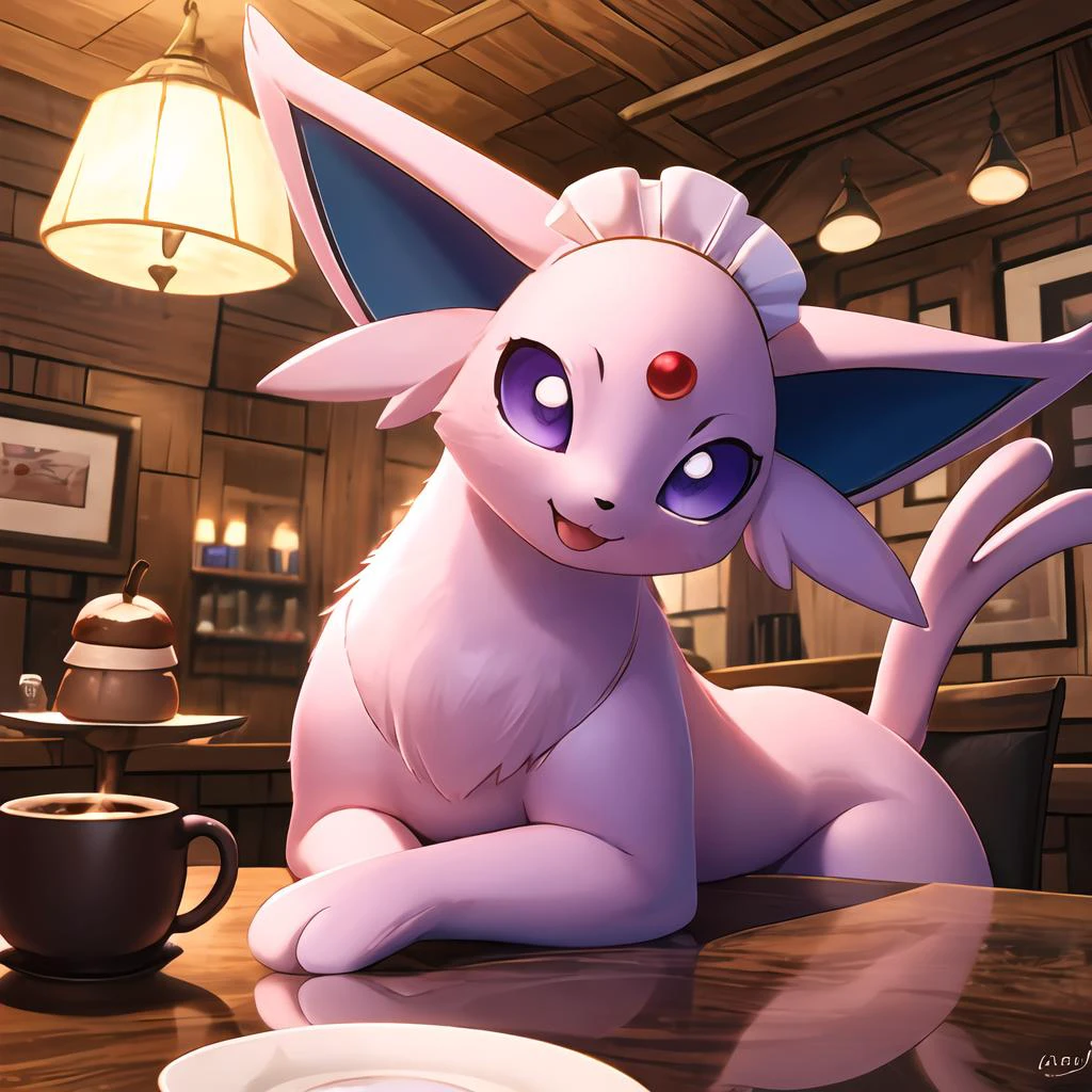 pokémon rosa,olhos roxos,(bebê_espeon vestindo empregada doméstica:1.2),cauda,gato,sem humanos,Sozinho,(pele do corpo:1.3),(fofinho:1.3),
sfw,(Obra de arte:1,2),melhor qualidade,Obra de arte,alta resolução,original,extremely decaudaed wallpaper,iluminação perfeita,(extremely decaudaed CG:1.2),interior,cafeteria,feliz,foco animal,bonitinho,