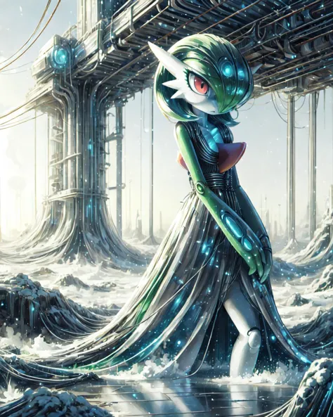 1girl, solo, masterpiece, <lora:add_detail:0.7>,  <lora:WiredTech:0.9> , wiredtech , scifi, detailed ,  wire,, <lora:gardevoir_v2:1> gardevoir, white dress,  bangs, colored skin, flat chest, green hair, green skin, hair over one eye, multicolored skin, pokemon \(creature\), red eyes, short hair, two-tone skin, white skin, standing, outdoors