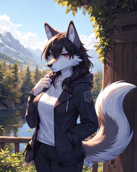1girl, solo, masterpiece, body fur, fluffy, furry, clothes, outfit, outdoors, scenery, medium shot, wolf anthro, breasts