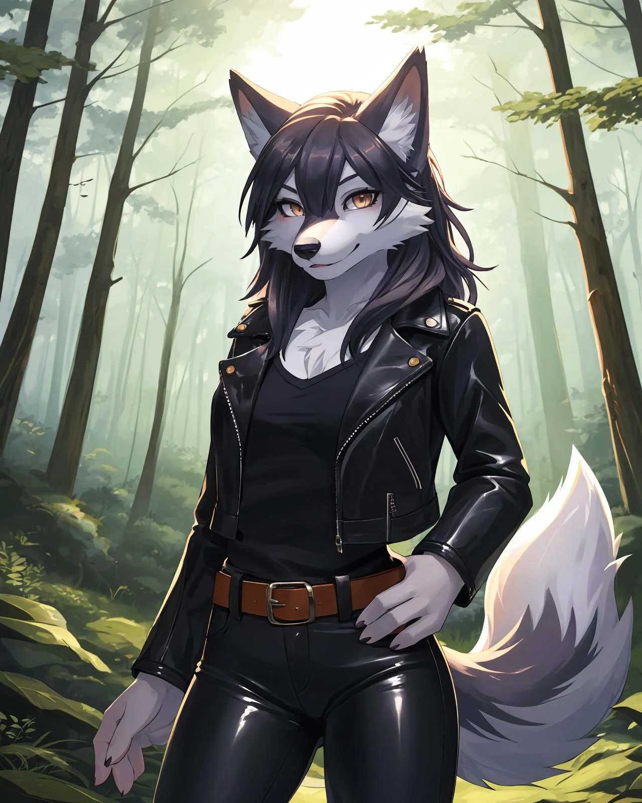1girl, solo, masterpiece,  wolf girl, furry, anthro, body fur, wolf tail, outdoors, scenery, forest, leather jacket, leather pants, belt,