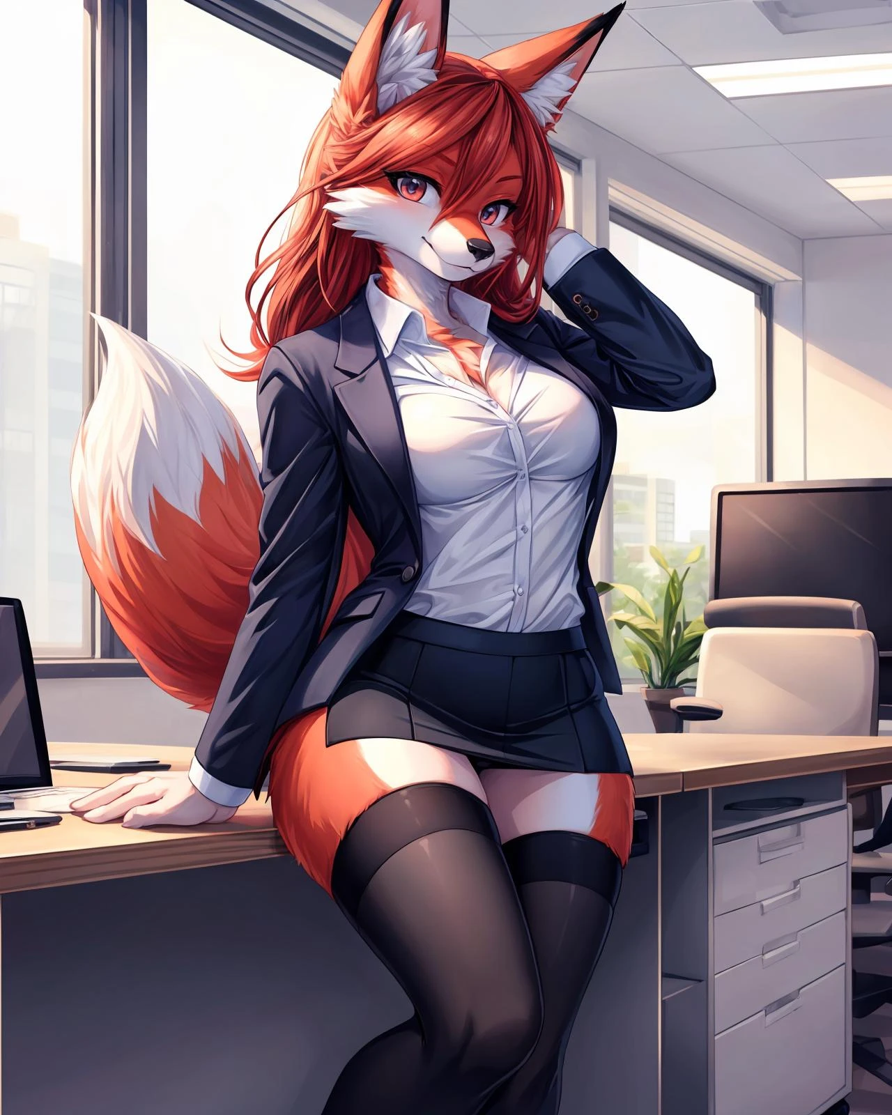 1girl, solo, masterpiece, indoors, scenery, office, business suit, miniskirt, thighhighs, fox anthro, medium breasts,, (body fur:1.3), (fluffy:1.3), (furry:1.3)