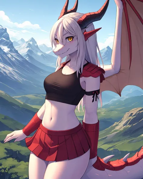 1girl, solo, masterpiece, mountain, scenery, (dragon girl:1.2), dragon, dragon horns, dragon tail, yellow eyes, slit pupils, (scales, scalie:1.2), crop top, skirt