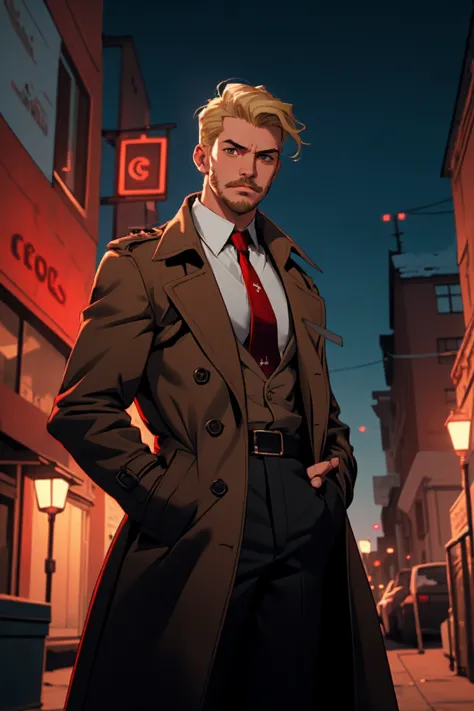 1boy, male focus, solo, blonde hair, necktie, facial hair, red necktie, shirt, trench coat, coat, white shirt, night, outdoors, ...