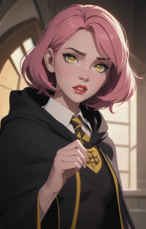 1girl, short pink hair,(hufflepuff House Cloak),( inner cloak yellow:1), (outer cloack black:1),yellow eyes, looking at viewer, solo, upper body,(masterpiece:1.4),(best quality:1.4),red lips,parted lips, hogwarts castle:1,dramatic shadows,extremely_beautiful_detailed_anime_face_and_eyes,an extremely delicate and beautiful,dynamic angle, cinematic camera, dynamic pose,depth of field,chromatic aberration,