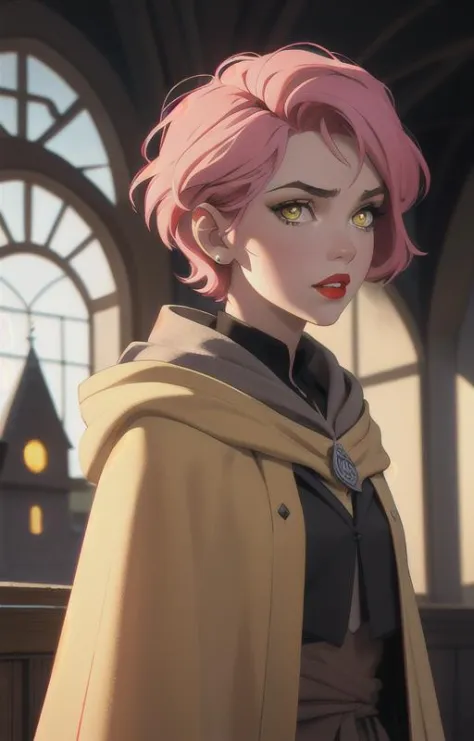 1girl, short pink hair,(hufflepuff House Cloak),( inner cloak yellow:1), (outer cloack black:1),yellow eyes, looking at viewer, ...