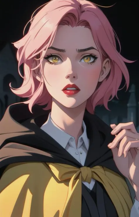 1girl, short pink hair,(hufflepuff House Cloak),( inner cloak yellow:1), (outer cloack black:1),yellow eyes, looking at viewer, ...