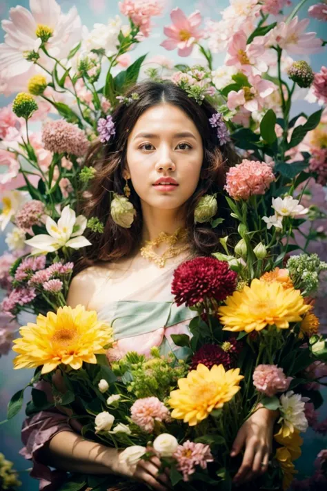 a woman with flowers in her hair and a dress