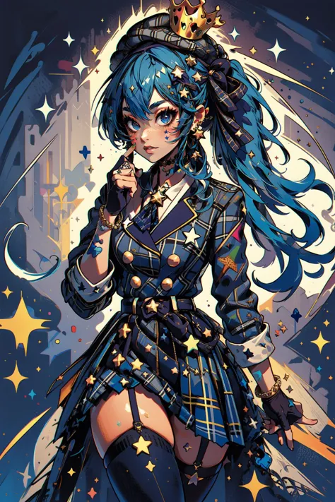 a woman in a blue dress with a sword and stars on her head