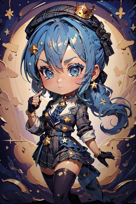 (masterpiece, best quality),  intricate details,
1girl,   <lora:CHAR-HoshimachiSuiseiV2:0.8> HoshimachiSuisei, side ponytail, blue hair ribbon, SuiseiBase, plaid beret, crown, blue star choker, star earrings, blue ascot, plaid jacket, plaid skirt, layered skirt, partially fingerless gloves, star bracelet, uneven legwear, thigh strap,
 <lora:cute_oil:0.8> chibi,  cute oil,  oil painting \(medium\), brush stroke