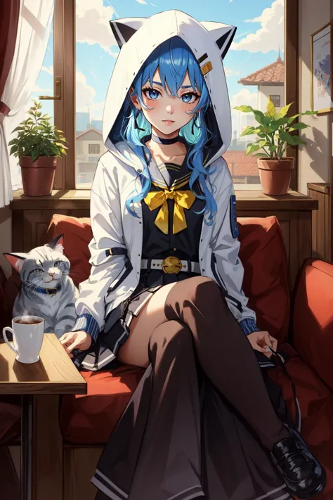 anime girl with blue hair sitting on a couch with a cat