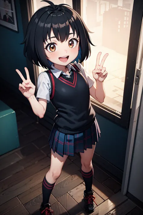 <lora:peni_parker:1> 1girl, peni parker, pleated skirt, brown eyes, smile, open mouth, peace sign, indoors, full body, standing,...
