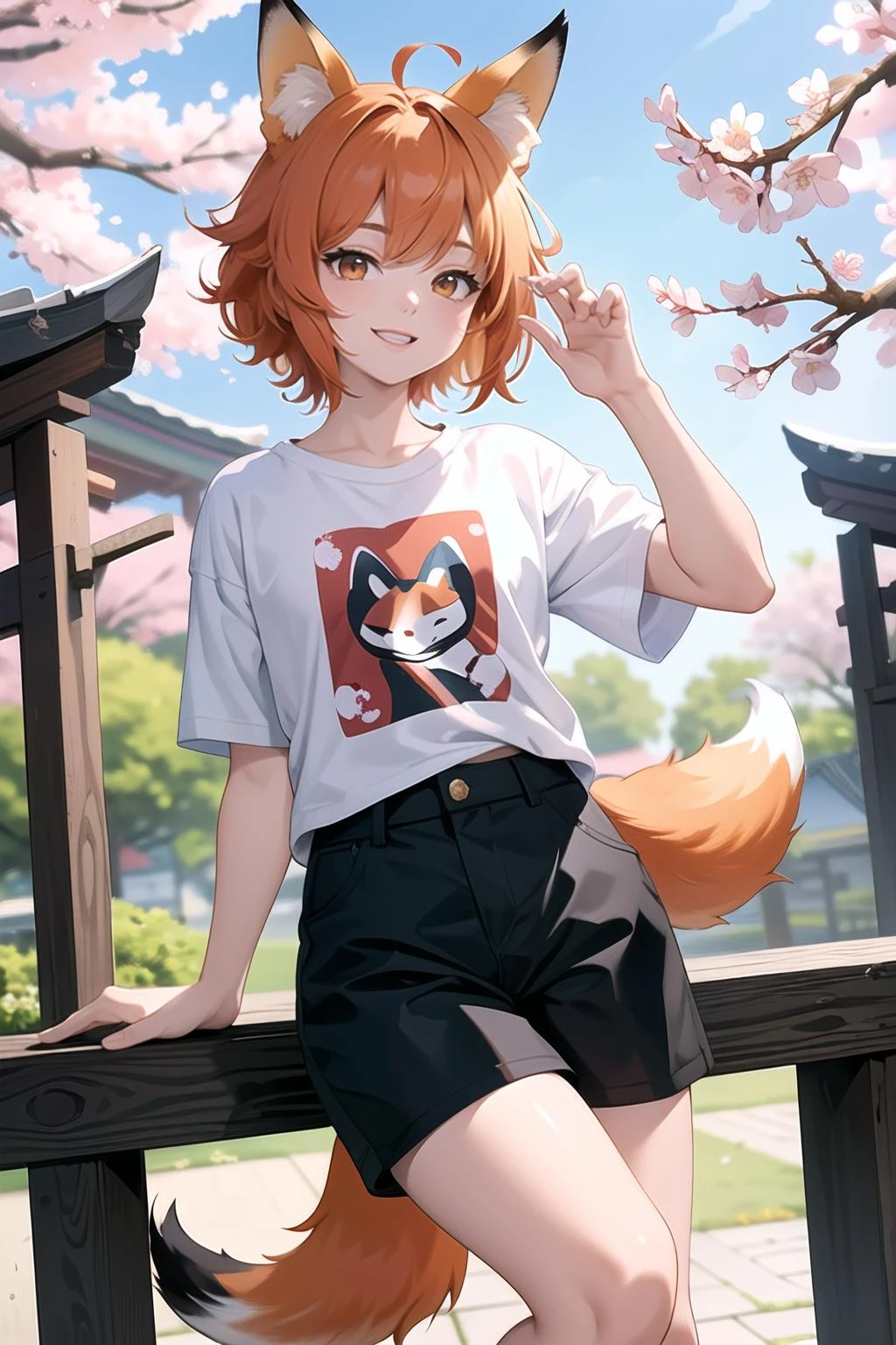 (masterpiece, highest quality, 8k, 16k, high quality, best quality:1.3, absurdres, highres, digital art, intricate), 1boy, tall, thick thighs, flat chest, young adult, (otoko no ko), Kemonomimi, fox ears, animal ears, fox tail, animal tail, orange hair, short hair, messy hair, black shorts, bulge, white t shirt , outside, temple, cherry blossom, smiling, looking at viewer