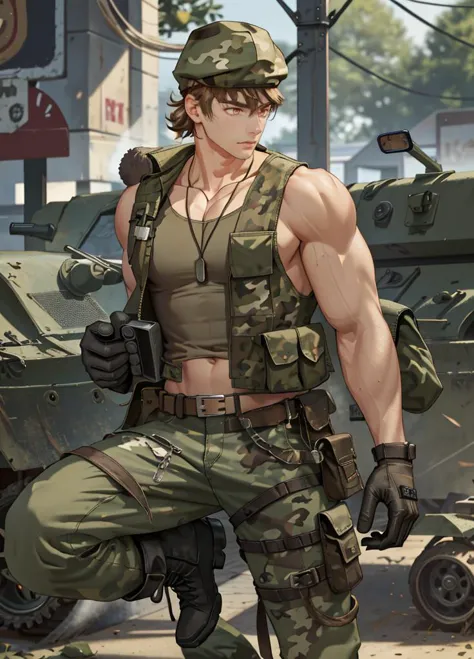 masterpiece,best quality, <lora:Luke_Pearce:1>,Luke_Pearce, <lora:Clothing - Sexy Soldier:0.7>,sexysoldier,camouflage pants,tank...