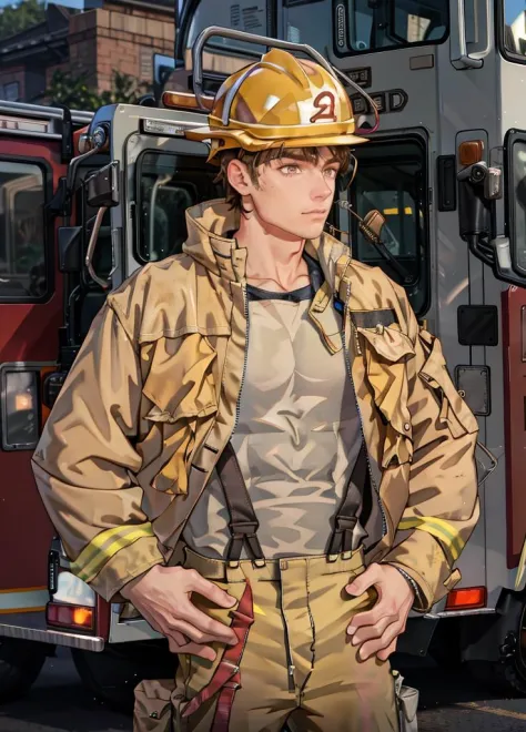 masterpiece,best quality, <lora:Luke_Pearce:1>,Luke_Pearce, <lora:Clothing - Sexy Firemen Outfit:0.7>,firemenoutfit,suspenders,p...