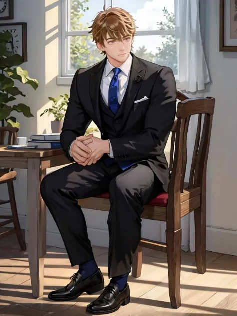<lora:Luke_Pearce:1>,Luke Pearce, 1boy, male focus, sitting, solo, formal, necktie, window, pants, blue necktie, indoors, black ...