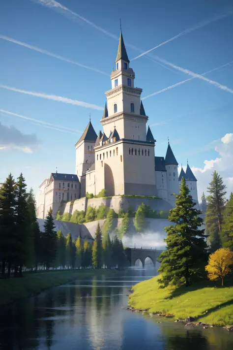 (extremely detailed CG unity 8k wallpaper),(((masterpiece))), (((best quality))), ((ultra-detailed)), (best illustration),(best shadow), ((an extremely delicate and beautiful)),dynamic angle,floating,
((the best building)),mist encircles the mountains, The castle stands out against the sky,
(detailed light),feather, nature,(sunlight),river, forest,beautiful and delicate water,(painting),(sketch),(bloom),(shine),