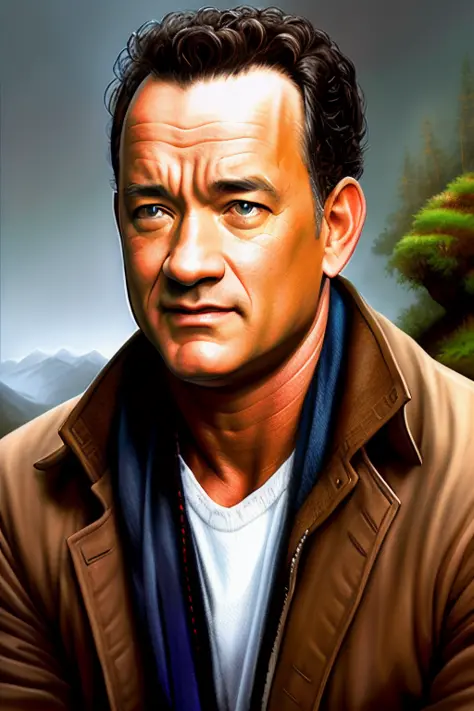 oil painting tk_char landscape, a beautiful award-winning close-up on face headshot hand-painted digital portrait painting of Tom Hanks sitting, looking at the viewer