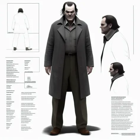 concept art character sheet of  Jack Nicholson as Jack Torrance Full body shot. costume 360 turn-around. plain background