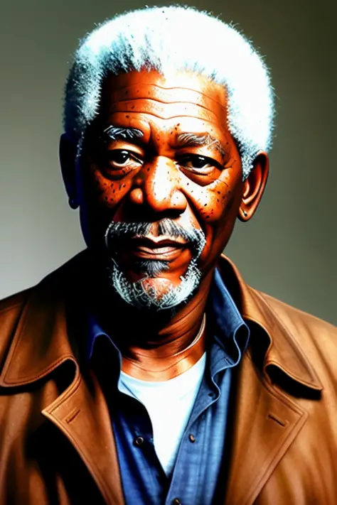 oil painting tk_char landscape, a beautiful award-winning close-up on face headshot hand-painted digital portrait painting of Morgan Freeman sitting, looking at the viewer