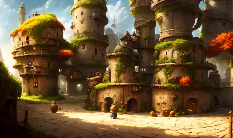 cute wakfu splash art surreal (((medieval))) factory in the shape of a snail, by gediminas pranckevicius, autumn, dnd, character...