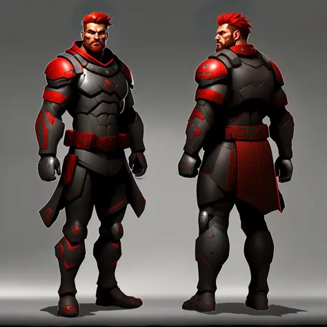 back armor view of a photo of a ((full body)) of a ((male)) super soldier, with stylized red hair, Huge body, strong mussels, wearing red and black armor, tk-char , <lora:WH40K:0.2> <lora:SPBGTK-C-Enh:0.1>,  <lora:Samurai:0.1>,<lora:AssasinsCreed:0.1> , gr...