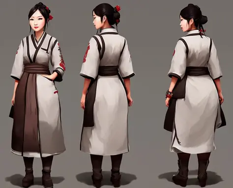 photo of a stylized ((full body)) of a ((female)) chinese medieval farmer, wearing detailed cotton cloth, tk-char, grey background,(character sheet front:1.2) and (character sheet back view:1.2)