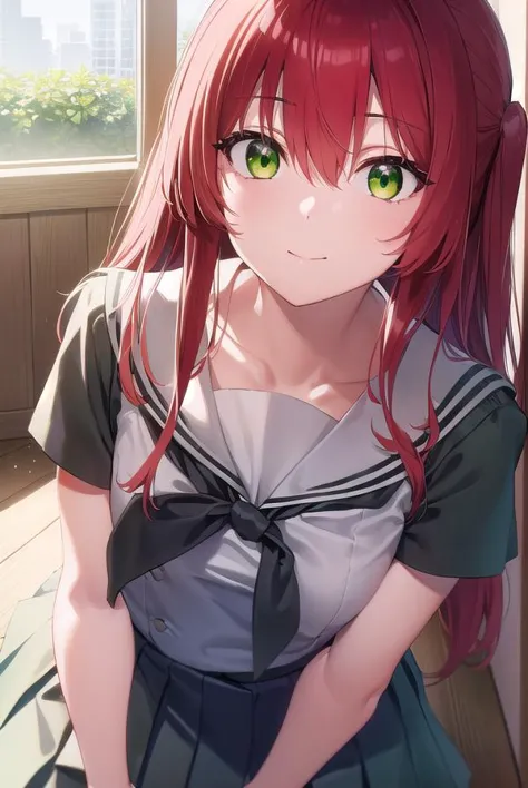 kitaikuyo, <lyco:ikuyokita-lyco-nochekaiser:1>, 
ikuyo kita, (green eyes:1.5), hair between eyes, long hair, one side up, red hair, (flat chest:1.2), smile,
BREAK black footwear, black skirt, grey sailor collar, pleated skirt, sailor collar, school uniform, shoes, short sleeves, shuka high school uniform, skirt,
BREAK indoors, classroom,
BREAK looking at viewer, (cowboy shot:1.5),
BREAK <lyco:GoodHands-beta2:1>, (masterpiece:1.2), best quality, high resolution, unity 8k wallpaper, (illustration:0.8), (beautiful detailed eyes:1.6), extremely detailed face, perfect lighting, extremely detailed CG, (perfect hands, perfect anatomy),