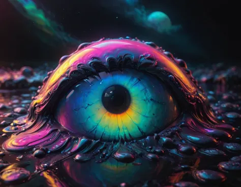 A (gigantic eye:1.1) floating in the night sky looking at a person swimming in the lake, eerie, trending on artstation, cgsociety  <lora:add-detail-xl:0.8> <lora:GigerRainbowXL:0.53> g1h3r  <lora:IOS_Iridescent_opal_style:0.55> <lora:ral-melting-sdxl:0.8> ral-melting, subsurface scattering, ultra hd, 4k, high def, Photorealistic, Hyperrealistic, Hyper detailed, analog style, realistic, masterpiece, best quality, ultra realistic, 8k, Intricate, High Detail, film photography, soft lighting,  heavy shadow, Ombre color scheme of neon pink, neon blue, neon yellow, neon green, Color scheme of neon pink, neon blue, neon yellow, neon green