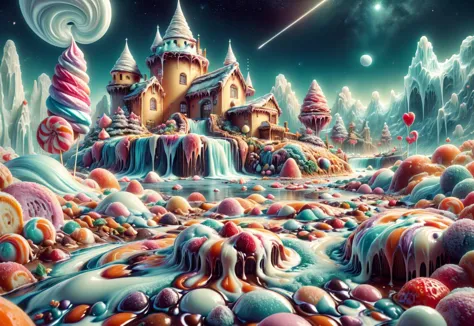 (((land of milk and honey, a fantasy landscape made of sweets and ice: a lake made of strawberry milk, small vanilla chocolate p...