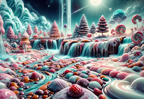 (((land of milk and honey, a fantasy landscape made of sweets and ice: a lake made of strawberry milk, small vanilla chocolate p...