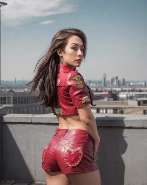 a woman in a red leather outfit posing on a roof