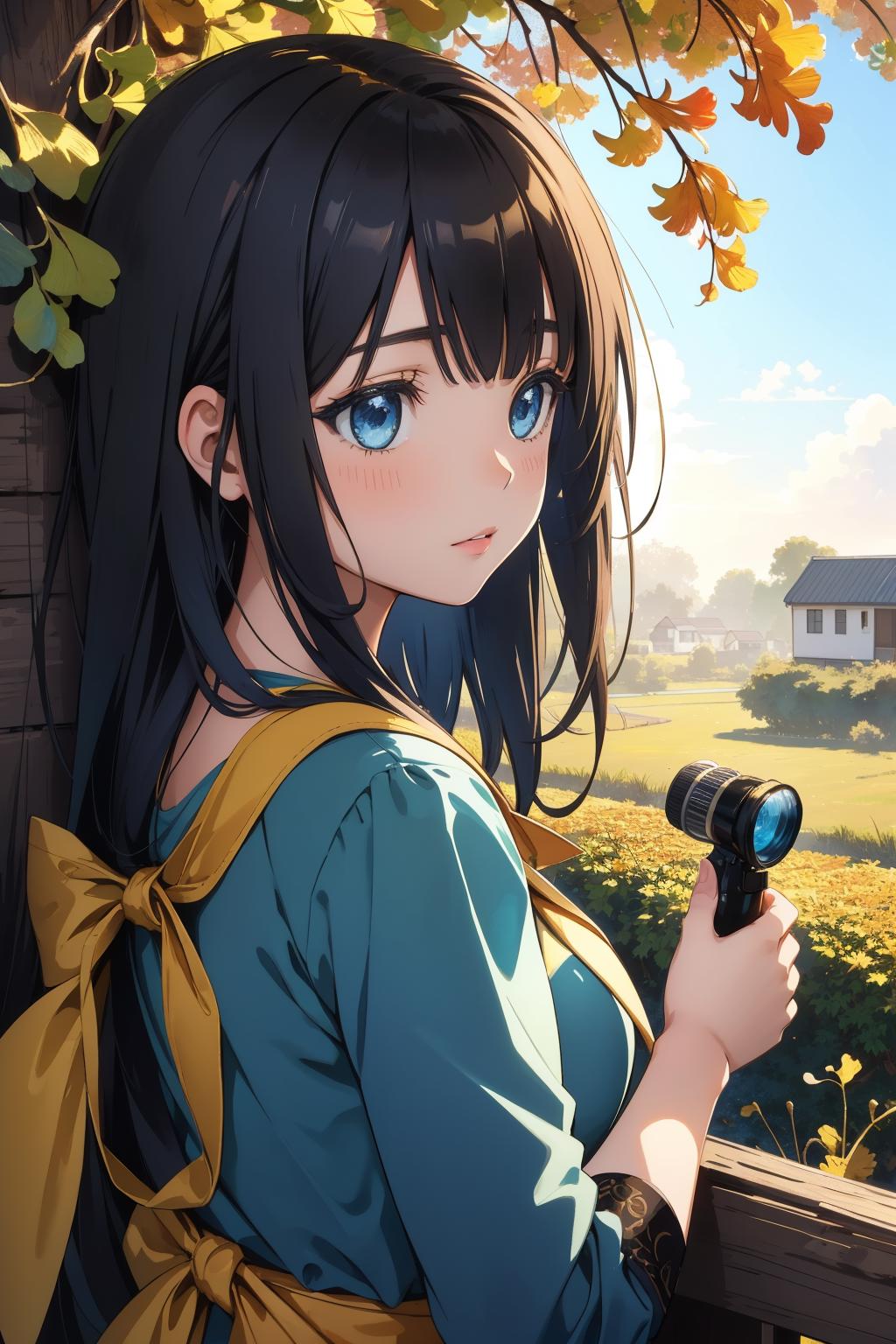 Anime girl with blue eyes holding a camera in front of a tree - SeaArt AI